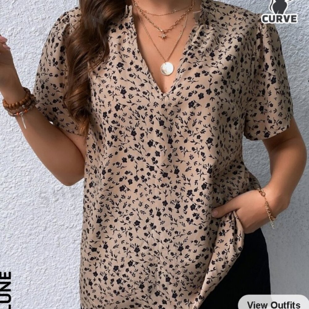 Beige flower print V neck 1XL shirt blouse